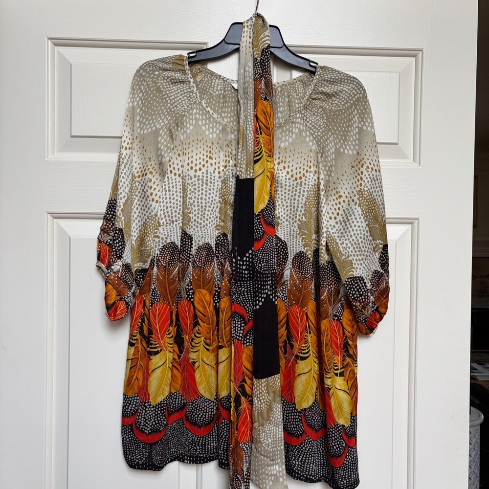 Peter Nygard Womens Feather Print Pleated Blouse Belt Medium Western Festival - Picture 2 of 10